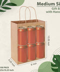 100 Pack Kraft Paper Gift Bags With Handles, Medium Brown 8x4.25x10.25 Inch, holding six cans, ideal for groceries and parties