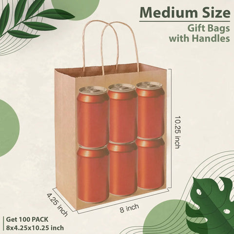 100 Pack Kraft Paper Gift Bags With Handles, Medium Brown 8x4.25x10.25 Inch, holding six cans, ideal for groceries and parties