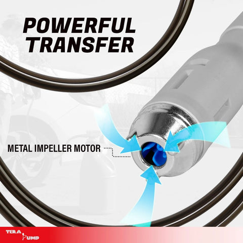 Close-up of metal impeller motor on TERA PUMP TRFA03-XL battery-powered fuel transfer pump; blue inner impeller visible.