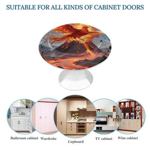 Fire Phoenix 1.1 Inch Cabinet Knobs Set Of 2 Stainless Steel Aluminum Alloy with phoenix design, shown with cabinet doors