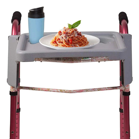 Walker Tray For Rollator And Standard Walkers, Folding Tray Table With Two Cup Holders, Tool Free Assembly, Fits Most Walkers About 18 Inches Wide, Easy Mount, Go-To Durable Plastic Mobility Accessory with plate and cup on tray.
