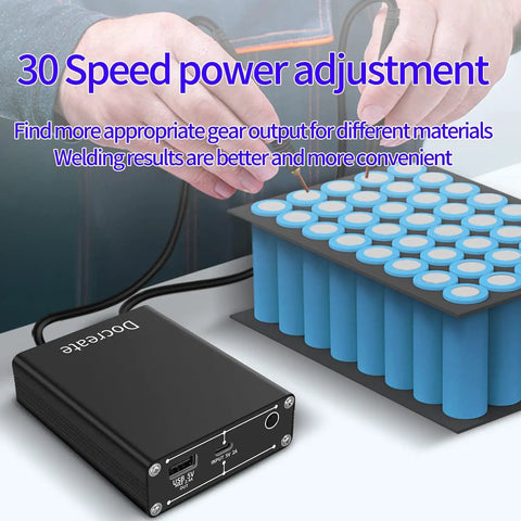 Beast 5500W Spot Welder Kit With 30 Adjustable Power Levels connected to 18650 battery pack and nickel strips, shown in use.