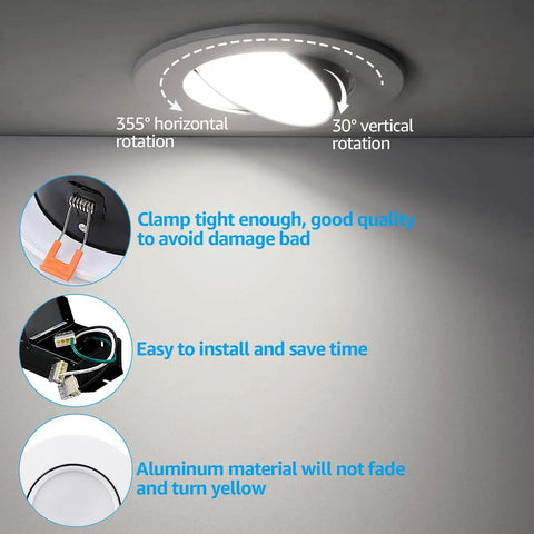 Six Inch Gimbal LED Recessed Light With Junction Box Air Tight IC Rated 13.5W Canless Dimmable Downlight 5000K Directional Swivel For Tight Ceilings High CRI 90 Plus ETL Pack Of Four