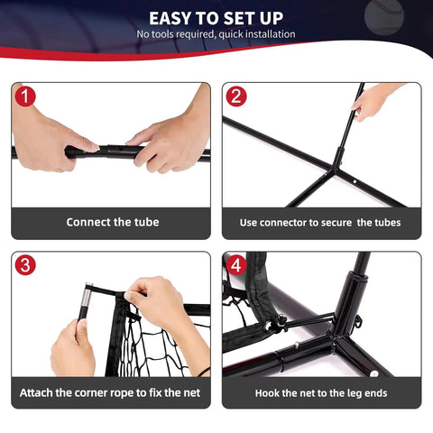 Assembly instructions for 7x7 Ft Extra Large Baseball And Softball Training Net With Batting Tee, showing tube connection and net attachment.