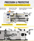 Awesome 8X14 Mini Metal Lathe Machine With High Precision Spindle For Turning Threading And Drilling, showing spindle specs and safety features.