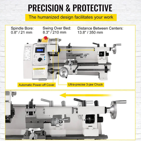 Awesome 8X14 Mini Metal Lathe Machine With High Precision Spindle For Turning Threading And Drilling, showing spindle specs and safety features.