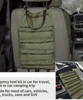 Multi Purpose Roll Up Tool Bag And Wrench Roll With Canvas Tool Organizer for car, hung on seatback, 5 zip pockets visible.