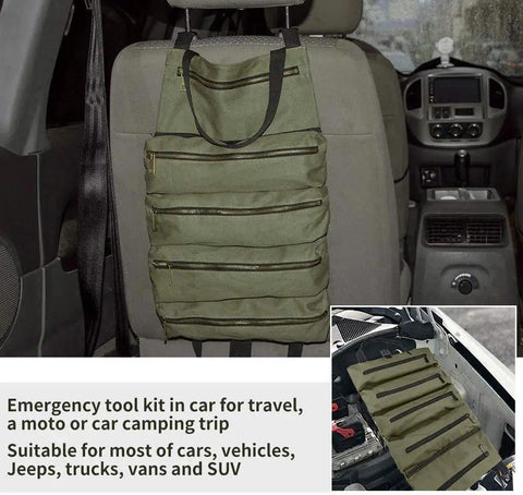 Multi Purpose Roll Up Tool Bag And Wrench Roll With Canvas Tool Organizer for car, hung on seatback, 5 zip pockets visible.