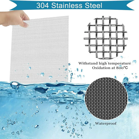 Hand holding Stainless Steel Wire Mesh Filter Screen Sheet 30x120cm with 30 mesh fine weave, waterproof feature displayed over water.
