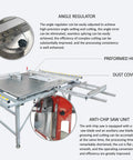 Heavy Duty Table Saw With Anti Chip Dust Filter And Precision Dual Blades For Butter Smooth Cuts features angle regulator and anti-chip saw unit.
