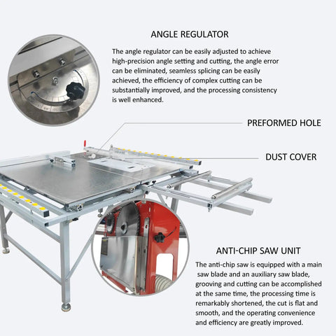 Heavy Duty Table Saw With Anti Chip Dust Filter And Precision Dual Blades For Butter Smooth Cuts features angle regulator and anti-chip saw unit.