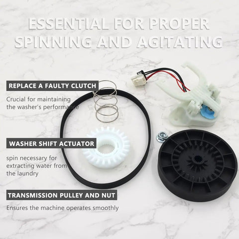 Washer Shift Actuator Replacement Kit With 5 Piece Drive Belt Set For Washing Machine Repair Must Have Includes Clutch Clutch Spring Transmission Drive Pulley And Nut, parts laid out on white background