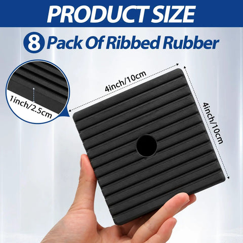 Image of Straight Up Heavy Duty Rubber Shock Isolation Pads Eight Pack four by four by one inch, showing ribbed texture and size details.
