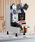 Fully Automatic Cup Sealing Machine With LCD Display For Bubble Tea And Coffee, No Fuss And Ultra Fast Sealing At 500 To 650 Cups Per Hour, Adjustable 88 To 95 Millimeter Cups, Electric Silver Finish on counter with cup