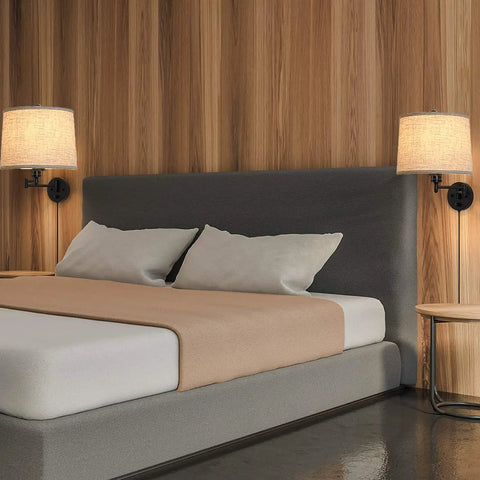 Two Pack Drum Lamp Shades Natural Beige Linen, Medium Size 11.6 In Top, 12.6 In Bottom, 9.8 In High, on wall-mounted lamps in bedroom