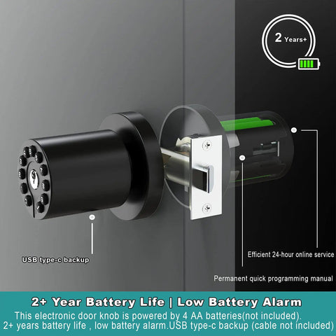 Keypad Door Knob With Keyless Entry and Code Lock, Auto Lock, Backlit Keypad, 50 User Codes Plus Master Code, USB backup