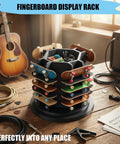 360 Degree Rotating Fingerboard Display Stand For 20 Decks And Accessories on wooden table with guitar background