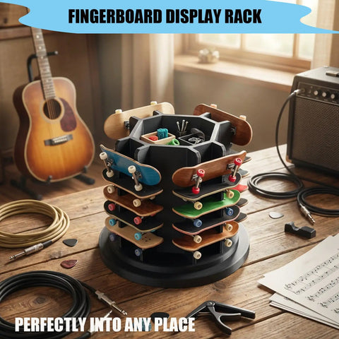 360 Degree Rotating Fingerboard Display Stand For 20 Decks And Accessories on wooden table with guitar background
