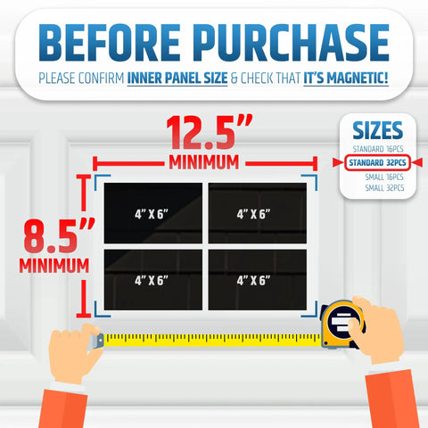 Magnetic Garage Door Window Panels Kit for Two Car Garages, 32 Pcs 4 by 6 Inch Faux Window Panes with size guide and measurement