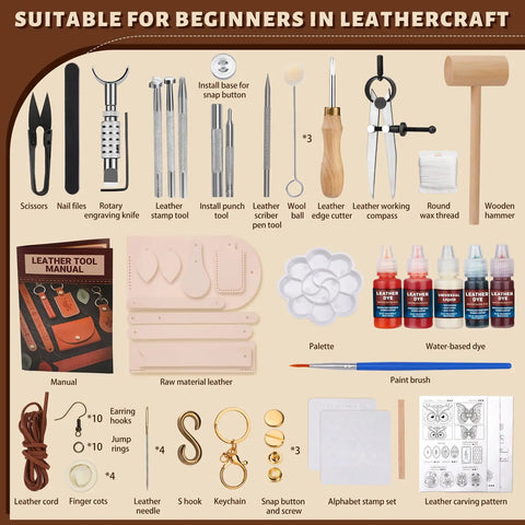 Dope Leather Working Kit With Pro Grade Tools And Dyes For DIY Beginners Includes tools, dyes, leather pieces, and instructions.