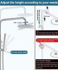 Outdoor Shower Fixture Set In Brushed Nickel With 8 Inch Rainfall Head, 2 In 1 Handheld Spray, Wall Mount Adjustable Slide Bar, SUS 304 Stainless Steel One Handle Faucet shown with adjustable height instructions and 360-degree rotation feature.