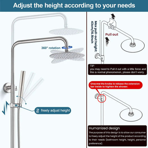 Outdoor Shower Fixture Set In Brushed Nickel With 8 Inch Rainfall Head, 2 In 1 Handheld Spray, Wall Mount Adjustable Slide Bar, SUS 304 Stainless Steel One Handle Faucet shown with adjustable height instructions and 360-degree rotation feature.