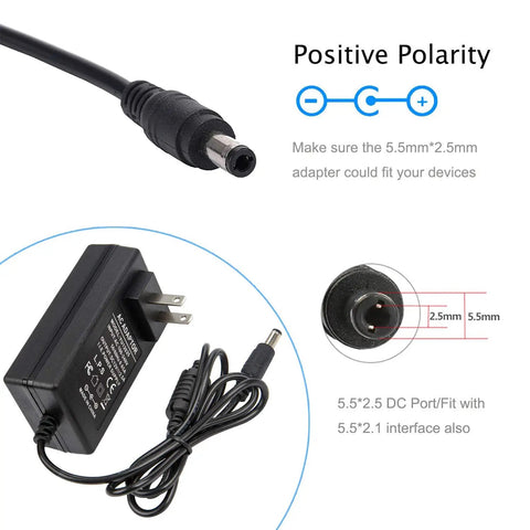 Plug And Play 12V 2.5A Universal Power Adapter 100-240V To DC 12V 30W Charger with 3.6 Ft Cable and polarity diagram