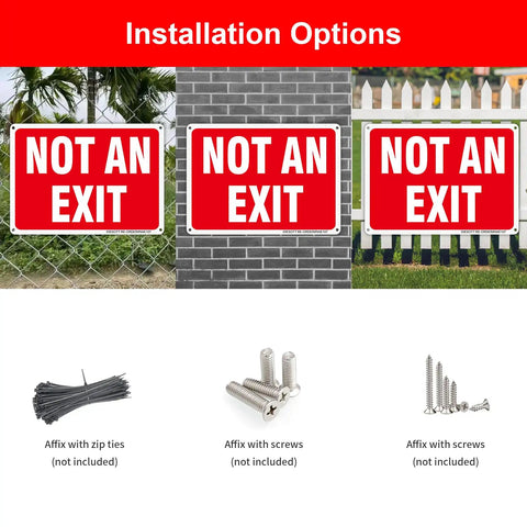 Two Pack Heavy Duty Aluminum Not Exit Signs Measuring Ten By Seven Inches displayed on various surfaces with installation options.