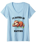 Womens Funny I Would Rather Be Napping V Neck T Shirt For Nap Lovers Sloth Fan Gift Comfortable Casual Tee With Relaxed Fit