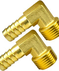 Two brass 90-degree hose barb elbow fittings, 1/2 in barb to 1/2 in NPT male.