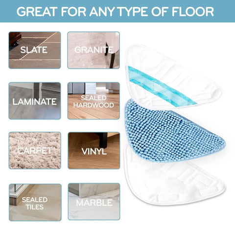 HD Steam Mop Floor Pad 3 Pack Replacement Set For Versatile Cleaning On Hardwood, Ceramic, Vinyl And More, shown with compatible surfaces