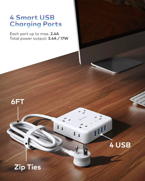 12 In 1 Power Strip Surge Protector With USB Ports And Eight Widely Spaced Outlets 1440 Joules on wooden desk near monitor