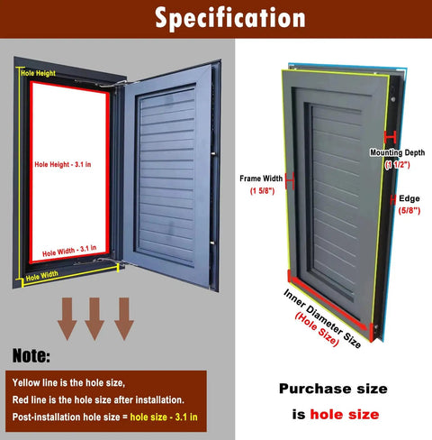 Specification details of Built Tough Aluminum Alloy Wall Access Panel for HVAC Ducts and Attic Hatches, showing dimensions.