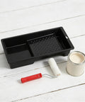 4 Inch Mini Paint Roller Kit With Tray For Gloss And Satin Finishes, includes roller, tray, and paint can.