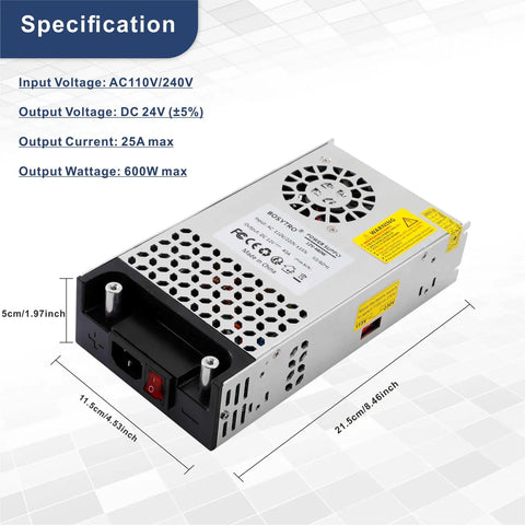 Beefy 24V DC Power Supply 600W 25A Switching Adapter 110-240V AC To 24V DC Converter with aluminum shell and cooling fan