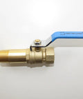 Three Quarters Inch Full Port Water Heater Drain Valve Kit with Fast Flush Upgrade, 19mm Bore, brass valve and blue lever side view