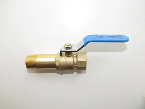 Three Quarters Inch Full Port Water Heater Drain Valve Kit with Fast Flush Upgrade, 19mm Bore, brass valve and blue lever side view