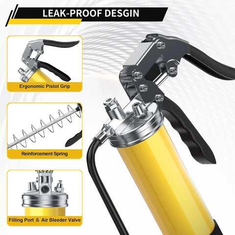 Pro Grade Grease Gun Kit With Pistol Grip, 8000 PSI, ergonomic design, featuring 14 oz load, quick release coupler