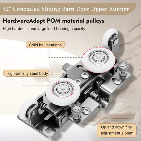 32" Concealed Sliding Barn Door Hardware Kit With Soft Close For 24 To 28 Inch Passage Openings, showing upper runner and pulleys