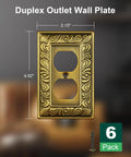 Front view of Six Pack Duplex Outlet Cover Plate With Paisley Pattern In Antique Brass Finish, 1 Gang, decorative switch plate.