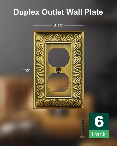 Front view of Six Pack Duplex Outlet Cover Plate With Paisley Pattern In Antique Brass Finish, 1 Gang, decorative switch plate.