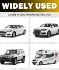 Vehicles compatible with 3 By 16 Inch Flexible Rear Brake Line Kit: white sedan, SUV, off-road vehicle, and motorhome.