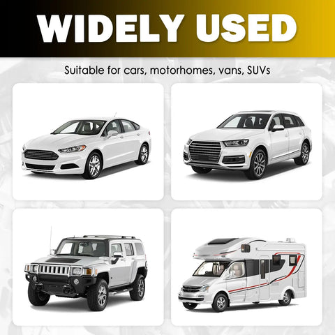 Vehicles compatible with 3 By 16 Inch Flexible Rear Brake Line Kit: white sedan, SUV, off-road vehicle, and motorhome.