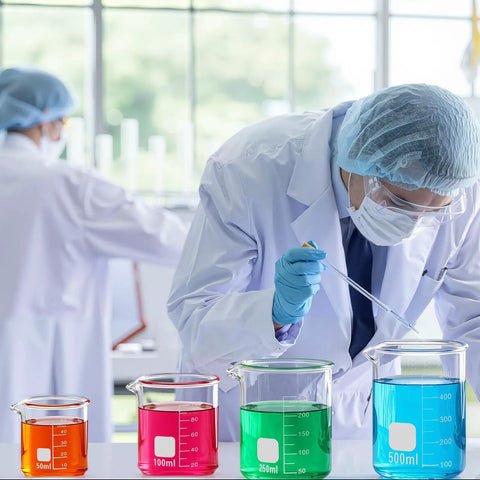 Scientists using Borosilicate Glass Beaker Set With Stirring Rod for Lab Chemistry 4 Sizes 50 Milliliters 100 Milliliters 250 Milliliters