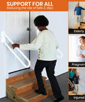 Built Tough Steel Wall Mount Handrail For Stairs And Decks, 18 Inch White Indoor Outdoor Safety Railing aiding a woman on stairs.