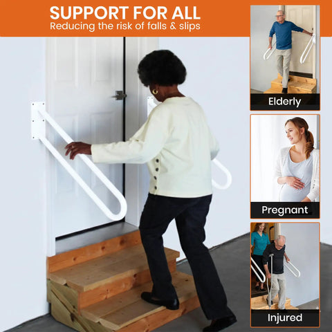Built Tough Steel Wall Mount Handrail For Stairs And Decks, 18 Inch White Indoor Outdoor Safety Railing aiding a woman on stairs.