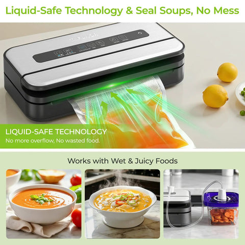 Pro Grade Vacuum Sealer With Built In Cutter And Bag Storage 90KPa Strong Vacuum sealing soup in a bag with liquid-safe technology.