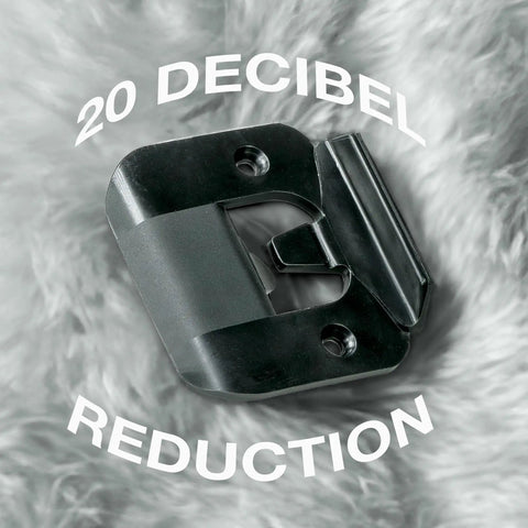 Decorative Door Silencer Strike Plate for 20 decibel reduction, black rubber, designed to minimize loud latch sounds.