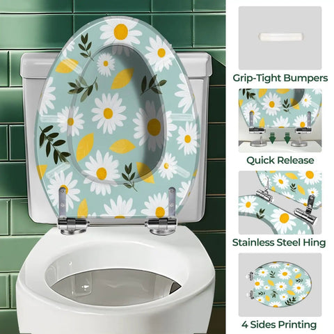 Elongated Toilet Seat Cover Quiet Close for Bathroom with floral design, stainless steel hinges and grip-tight bumpers.