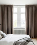 Bedroom window with Heavy Duty Tension Curtain Rod No Drilling Adjustable From 41 To 126 Inches 1.26 Inch Diameter Easy One Pull Install Indoor And Outdoor Use Fits Windows Bathrooms Showers And Patios Strong Rust Resistant, holding brown curtains.